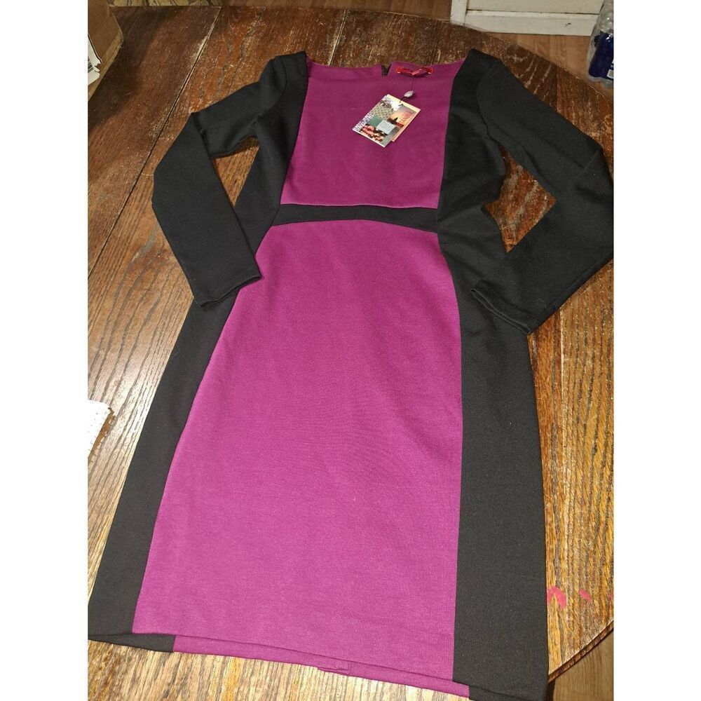 New Small Narciso Rodriguez Mulberry Black Long Sleeve Colorblock Dress